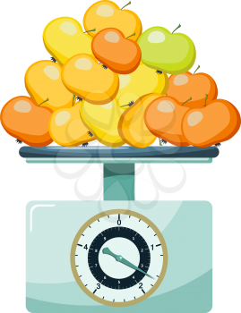 Domestic  scales with   apples   on a white background. Kitchen measuring device. Vector illustration