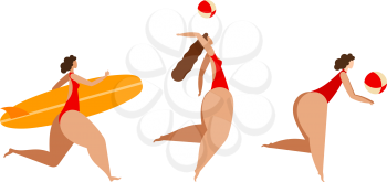 Summer rest. Three women relaxing on the beach. Volleyball, surfing, summer sports. Set of female figures on a white background. Isolate Vector illustration