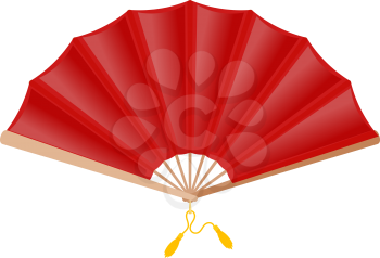 Red fan on a white background. Chinese fan red silk with gold tassels. The subject of everyday life of medieval aristocrats. Vector illustration