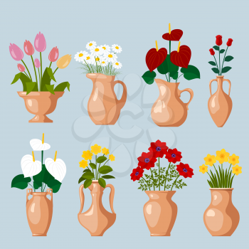 Set of clay vases with blooming flowers for decoration and interior design. Chamomile, tulip, poppy, rose, narcissus, lilac. Vector illustration