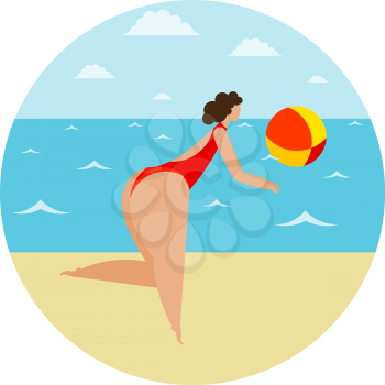 Girl and beach volleyball in the sand. Stylized woman on the beach playing ball. Vector illustration of a summer sports game and leisure activities. Vacation by the sea.