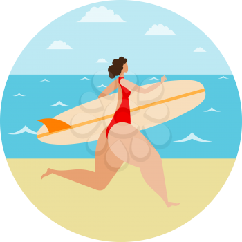 Young girl running along the sand on the seashore with a surfboard. Woman surfing summer summer vacation. Recreation and sport. Vector illustration