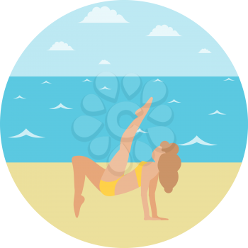 Young girl in a bikini on a beske by the sea is engaged in physical exercise Young woman Yoga. Seashore and sporty young lady Vector illustration of active lifestyle, summer holidays and vacation