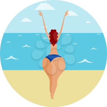 Young girl in a bikini on a beach by the sea is engaged in physical exercise Young woman Yoga. Seashore and sporty young lady Vector illustration of active lifestyle, summer holidays and vacation
