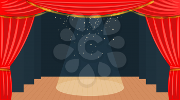 Theater stage with a red curtain, golden fringe and a spotlight and wooden floor. Theatrical art. Vector stock illustration