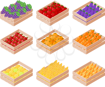 Set of isometric box with fruits and vegetables on white background. Apple, pear, eggplant, lemon, grapes, tomato, carrots, corn in containers for sale. Vector illustration
