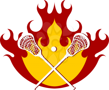 Lacrosse putter and ball on fire background. Flames with sticks for lacrosse. Vector illustration. 