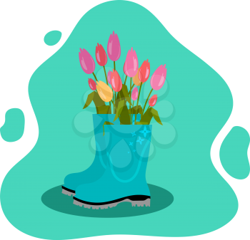Colored rubber boot with flowers inside on a colored background. The concept of spring and flowering nature. Vector illustration