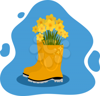 Colored rubber boot with flowers inside on a colored background. The concept of spring and flowering nature. Vector illustration