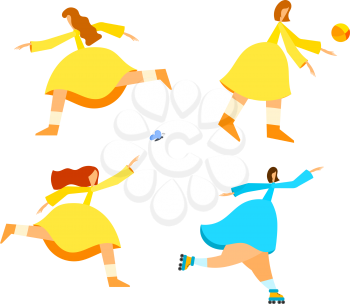 Stylized girl in a yellow dress on a summer holiday. A young woman is resting in nature, playing with a ball, catching a butterfly, running, riding roller skates. Vector illustration
