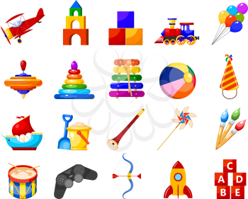 Color image group of icons of children's toys on a white background. Set of Isolated objects. Vector illustration