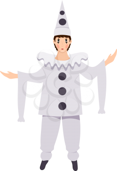 Color image of a pierro on a white background. The doll of the Italian theater Pierrot Delaro, an isolated object. Vector illustration of a theatrical character