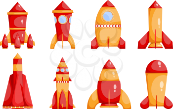 Set of bright red and yellow rockets in a cartoon style on a white background.  Collection of children's toys. Vector illustration