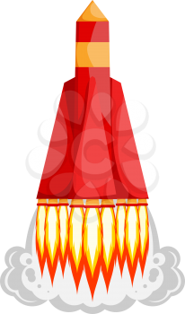 Starting rocket on white background. Red Cartoon style Start-up  launcher reactive space rocket with flame. Space transport. Vector illustration