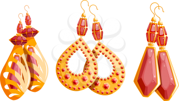 Three beautiful gold set of female earrings with rubies on a white background. Collection of jewelry. Vector illustration