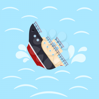 Color image for design ship in sea waves. Shipwreck on a blue background. Sea catastrophe. Vector illustration