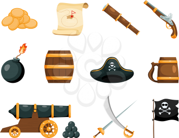 Objects of piracy. Bright objects of the pirate game. Icons on white background. Isolated objects. Vector illustration