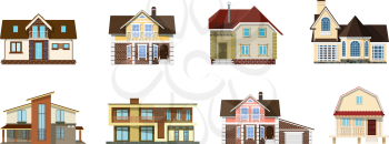 Collection of color images of cute cartoon houses on a white background. Set of small rural houses, isolated objects for design. Vector illustration