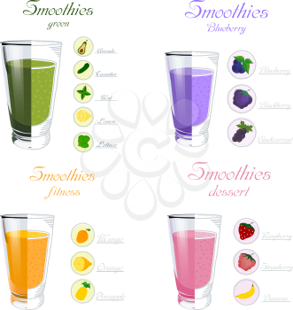Color image of a collection of realistic glasses of smoothies on a white background. Isolated objects. Healthy eating. Vector illustration