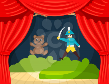 Children's Puppet Theater with puppets puppets bear and soldier. Vector illustration