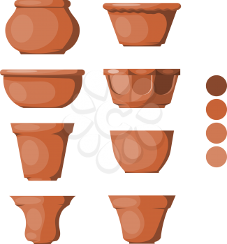 Color image of a set of clay pots on a white background. Illyustartsiya Vector collection of flower pots in the style of Cartoon