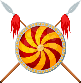 Color image of two crossed spears with a shield on a white background. Vector illustration of a heraldic sign with a weapon