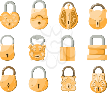 Antique old padlocks set in cartoon style on white background vintage lock security and safety mechanisms vector illustration
