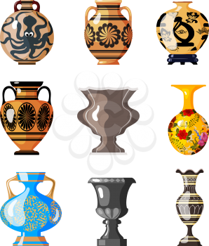 Big Set of antique utensils for food on a white background. Collection of vintage amphorae for wine, grain, oil and incense. Cartoon style. Vector illustration