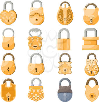 Antique old padlocks set in cartoon style on white background vintage lock security and safety mechanisms vector illustration