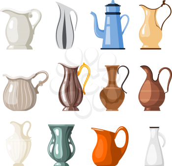 Set of colored vases and jugs in cartoon style on a white background collection of  vessels for vector illustration