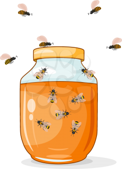 Glass jar with honey and bees. Vector illustration