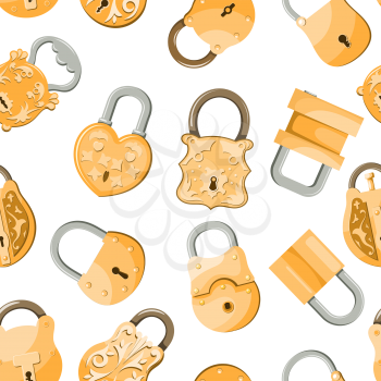 Seamless Antique old padlocks set in cartoon style on white background vintage lock security and safety mechanisms vector illustration