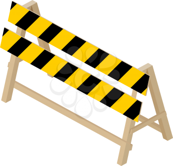 Isometric transport icon road orange colored on white background. Vector illustration of a road repair equipment barrier with black stripes. Color image of the barrier sign for the street repair work