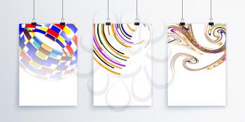 Set of bright posters on a gray background with an abstract pattern. Vector illustration of posters with binders