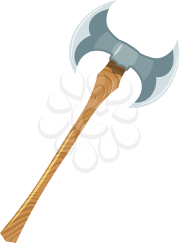 Color image of a viking ax on a white background. Vector illustration of a two-handed Viking ax in Cartoon style