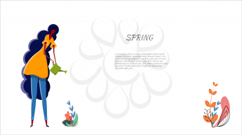 Girl is watering a plant Young teen girl watering a small spring sprout from a watering can against a white background Young woman taking care of the germ Vector stock illustration of spring gardening