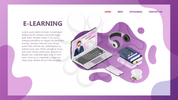 Landing page template of Online education. Modern flat design concept of web page design for website and mobile website. Laptop, book, phone, head phones, cup on the tableVector illustration 