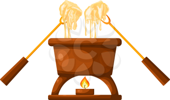 Fondue. Brown jar with melted cheese and forks strung with sliced bread. Cheese fondue on a white background. Vector illustration