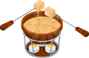 Fondue. Isometric style Brown jar with melted cheese and forks with stringed pieces of bread. Cheese fondue on a white background. Vector illustration