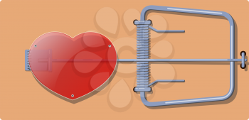 Flat wooden mousetrap with a red glass heart. The concept of dependence and love and adventure. Vector illustration