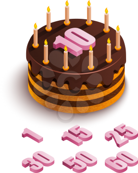 Isometric cake on a white background. Round chocolate cake with candles and a pink number 10  and other numbers at the top. Festive food. Birthday holiday. Vector stock illustration.