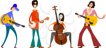 Street Orchestra. Figures of musicians with musical instruments on a white background. Vector illustration of a street band in the style of Cartoon