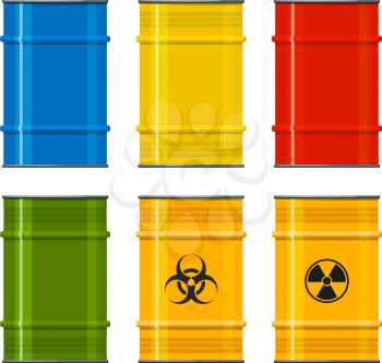 Set of multi-colored metal barrels on a white background. Containers for liquid products. Element of design. Steel barrels with signs of radiation and biological hazard. Vector illustration