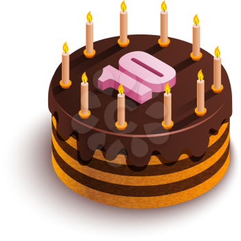 Isometric cake on a white background. Round chocolate cake with candles and a pink number 10 at the top. Festive food. Birthday holiday. Vector stock illustration.