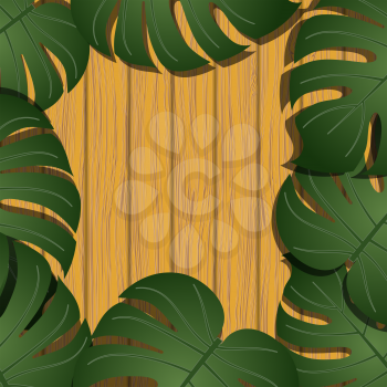 Wooden board background with tropical leaves and copy space. Preparation for the menu of cafe and restaurant of exotic food. Banner illustration vector