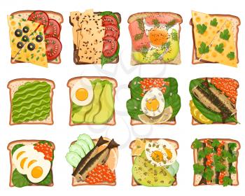 Set of toasted snacks sandwiches on white background isolated object. Food collection for lunch lunch snacks with avocado, salmon, sprat, caviar, dill, egg, cheese, tomato. Vector stock illustration