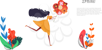 Abstract stylized girl in a jump with flower on a white background. The concept of spring and spring break. A young woman in a yellow dress makes a bounce in a joyful mood. Vector illustration