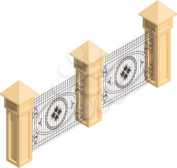 Fence, isometric with twisted steel grid on a white background. Vector illustration
