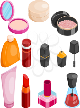 Cosmetics isometric collection. Female beauty products isometric set. Face or body care and treatment package. Vector isometric illustration on white background