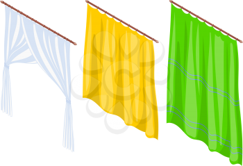 Set of window curtains in style Cartoon on a white background. Isometric curtains collection. Vector illustration